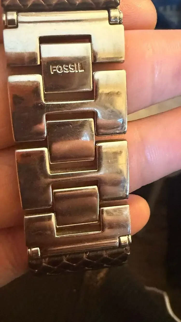 Vintage Fossil Stainless Steel Watch with Faux Snake Skin Leather Band